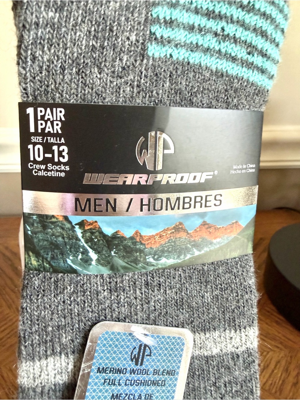 Wear proof NWT Men’s Grey Merino Blend Crew Socks with Teal Stripe - Size 10-13 - Picture 2 of 7